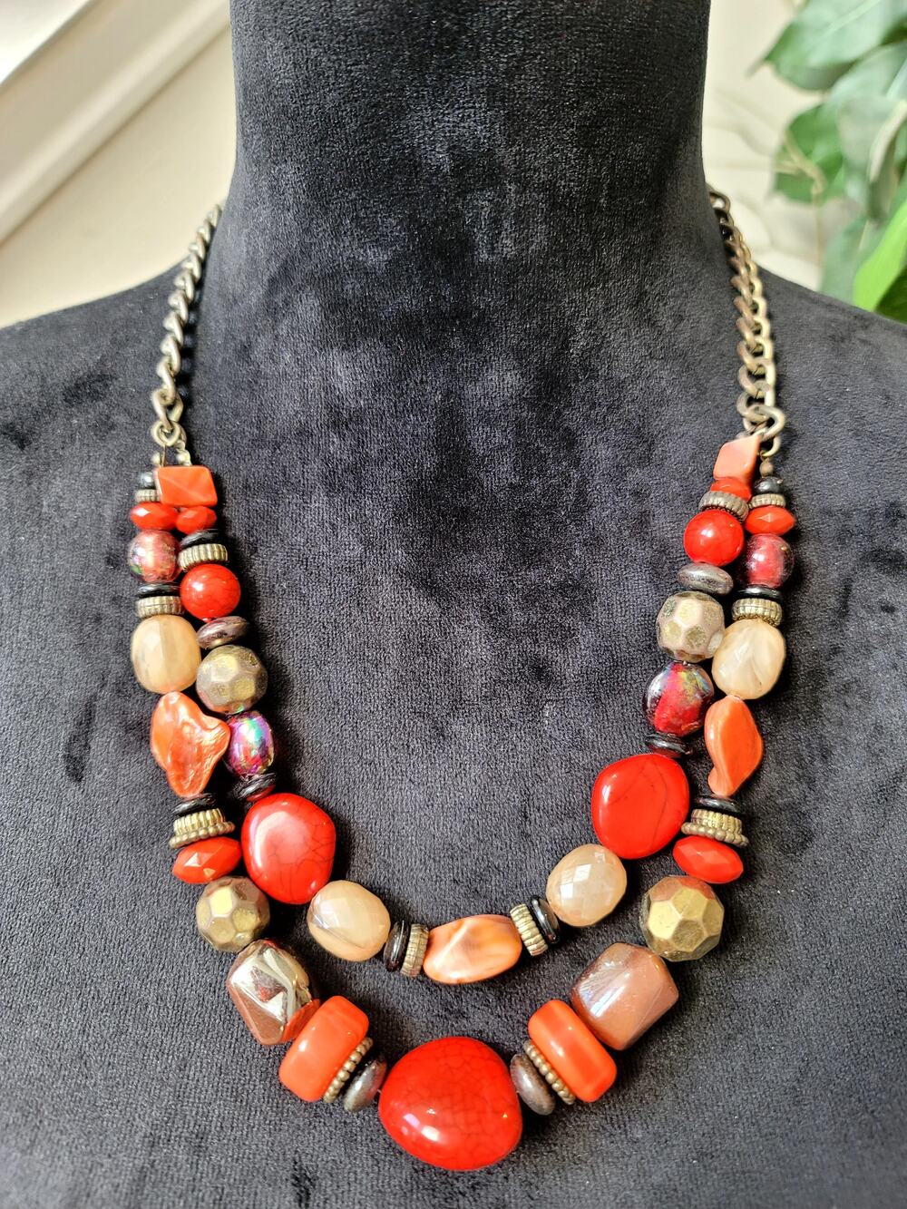 Ruby Rd. Statement Beaded Necklace Red Coral Chunky Boho Vintage Fashion Jewelry